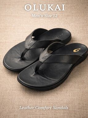 Olukai Black Leather Flip Flops Mens Size 12 Comfort Thong Sandals